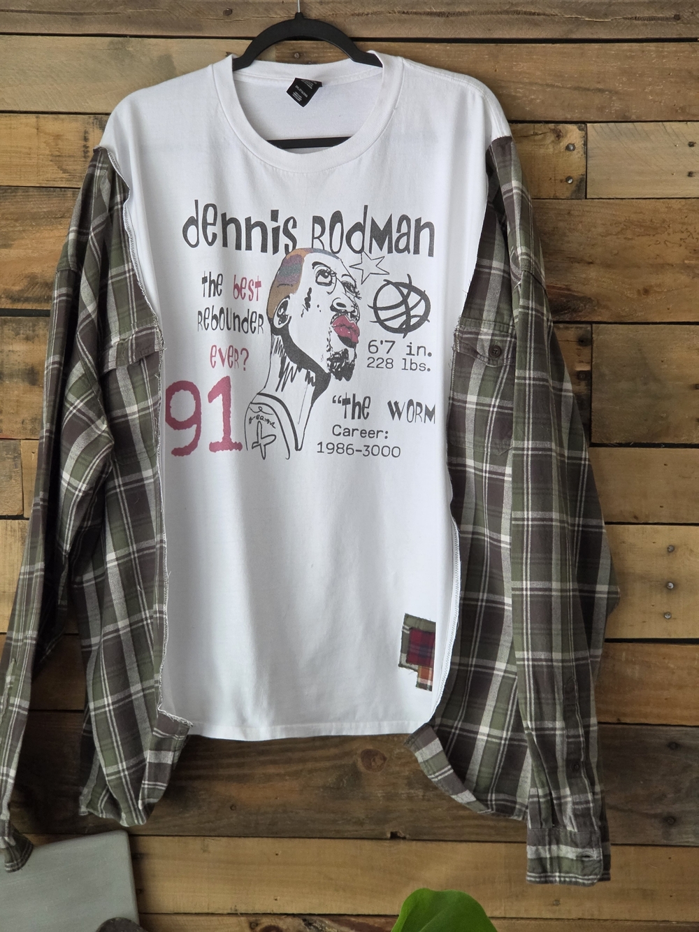 Upcycled Dennis Rodman Graphic Layered Flannel Sleeve Shirt - White/Olive